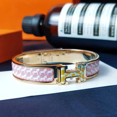 H Lock 18K Gold Pink Anti Tarnish Kada Bracelet For Women