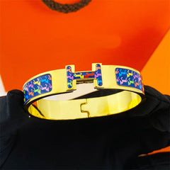 H Lock 18K Gold Blue Anti Tarnish Kada Bracelet For Women