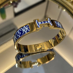 H Lock 18K Gold Blue White Anti Tarnish Kada Bracelet For Women