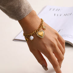 Star Heart 18K Gold Pearl Cubic Zirconia Stainless Steel Charm Curb Chain Bracelet For Women
