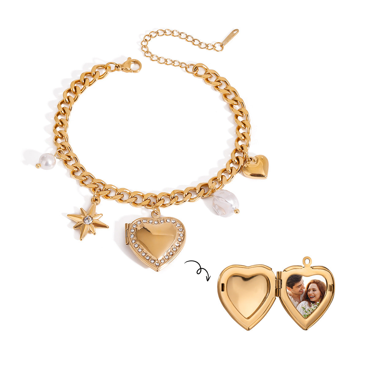 Star Heart 18K Gold Pearl Cubic Zirconia Stainless Steel Charm Curb Chain Bracelet For Women