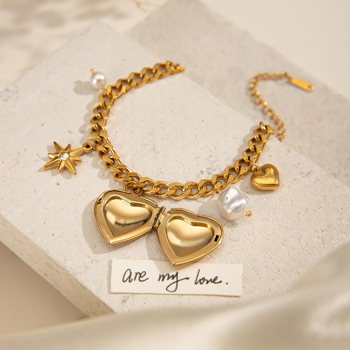 Star Heart 18K Gold Pearl Cubic Zirconia Stainless Steel Charm Curb Chain Bracelet For Women