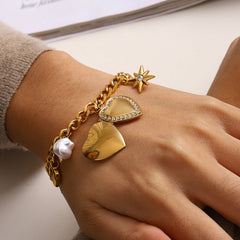Star Heart 18K Gold Pearl Cubic Zirconia Stainless Steel Charm Curb Chain Bracelet For Women