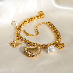 Star Heart 18K Gold Pearl Cubic Zirconia Stainless Steel Charm Curb Chain Bracelet For Women