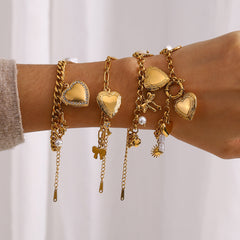Star Heart 18K Gold Pearl Cubic Zirconia Stainless Steel Charm Curb Chain Bracelet For Women