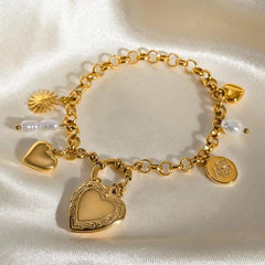 Heart Sun 18K Gold Pearl Stainless Steel Link Chain Charm Bracelet For Women