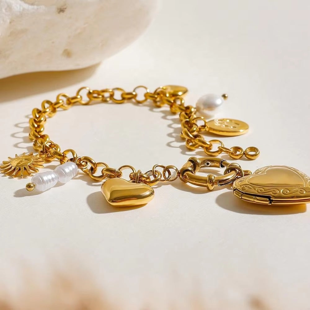 Heart Sun 18K Gold Pearl Stainless Steel Link Chain Charm Bracelet For Women