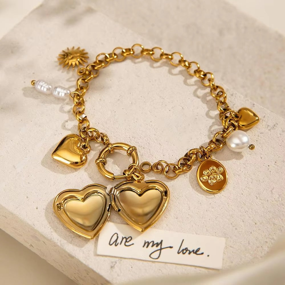 Heart Sun 18K Gold Pearl Stainless Steel Link Chain Charm Bracelet For Women