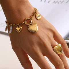 Heart Sun 18K Gold Pearl Stainless Steel Link Chain Charm Bracelet For Women