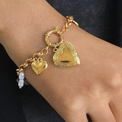 Heart Sun 18K Gold Pearl Stainless Steel Link Chain Charm Bracelet For Women
