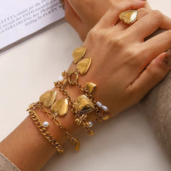 Key Lock Heart 18K Gold Pearl Cubic Zirconia Stainless Steel Chain Charm Bracelet For Women
