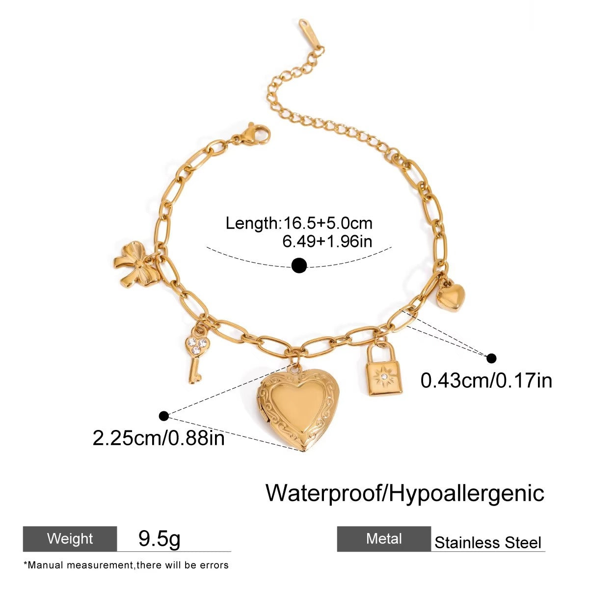 Key Lock Heart 18K Gold Pearl Cubic Zirconia Stainless Steel Chain Charm Bracelet For Women