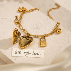 Key Lock Heart 18K Gold Pearl Cubic Zirconia Stainless Steel Chain Charm Bracelet For Women