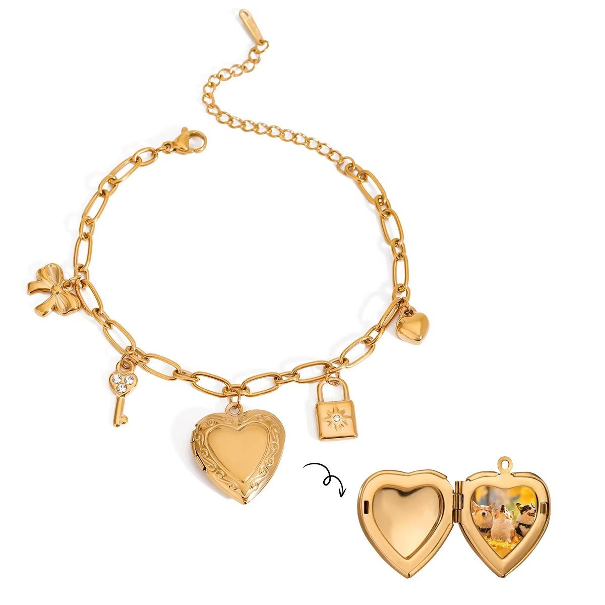 Key Lock Heart 18K Gold Pearl Cubic Zirconia Stainless Steel Chain Charm Bracelet For Women