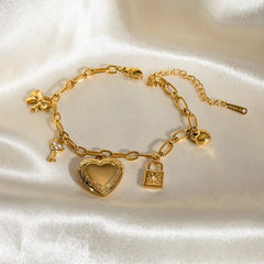 Key Lock Heart 18K Gold Pearl Cubic Zirconia Stainless Steel Chain Charm Bracelet For Women