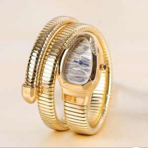 Cubic Zirconia White Blue Stripe Dial 18K Gold Silver Stainless Steel Snake Stretchable Watch Bracelet For Women
