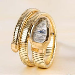 Cubic Zirconia White Blue Stripe Dial 18K Gold Silver Stainless Steel Snake Stretchable Watch Bracelet For Women