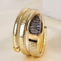 Cubic Zirconia White Blue Stripe Dial 18K Gold Silver Stainless Steel Snake Stretchable Watch Bracelet For Women