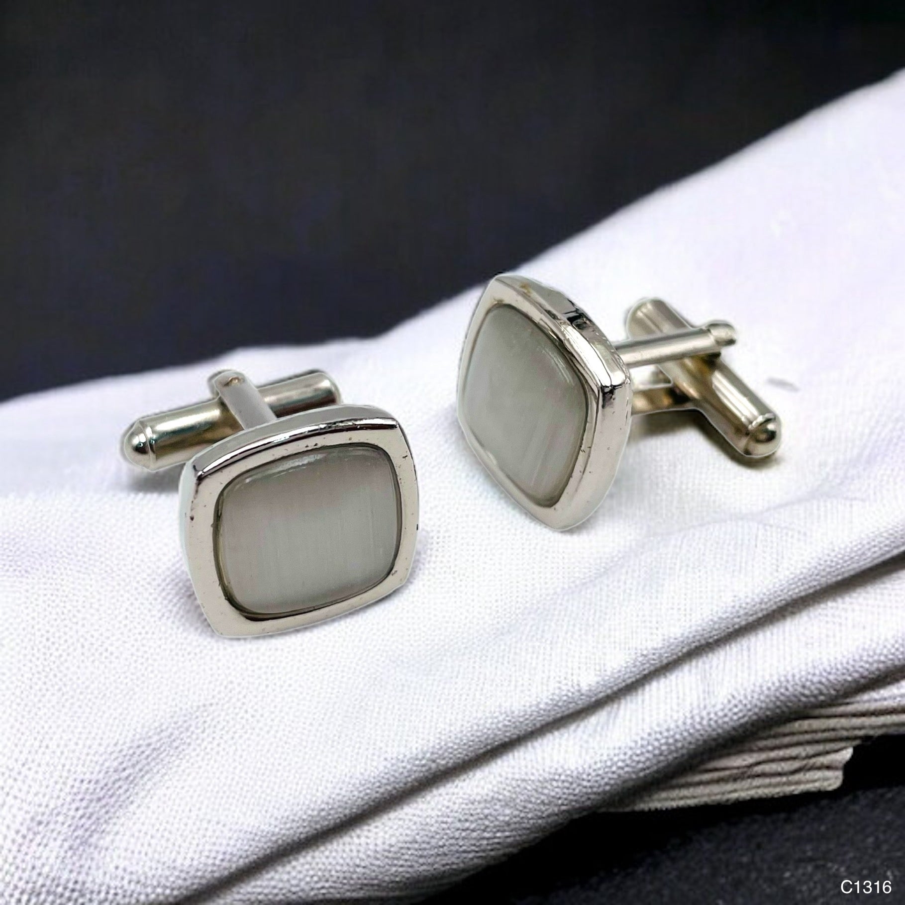 White Silver Crystal Cufflinks In Box