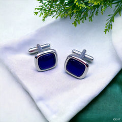 Men's Silver Stainless Steel Cufflinks With Square Blue Crystal - Classic & Handmade