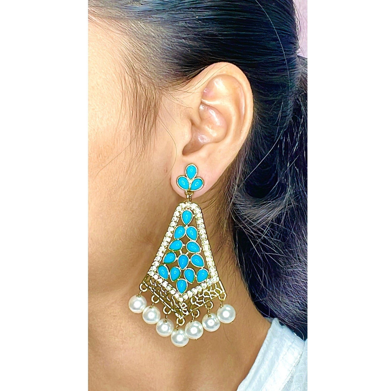 Gold Light Blue Stone Cz Filigree Long Chandelier Earring For Women