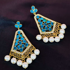 Gold Light Blue Stone Cz Filigree Long Chandelier Earring For Women