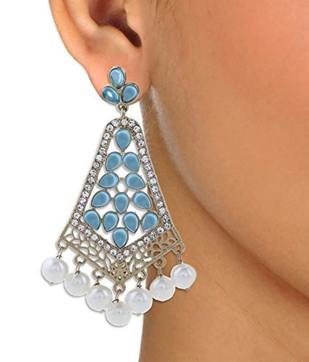 Gold Light Blue Stone Cz Filigree Long Chandelier Earring For Women