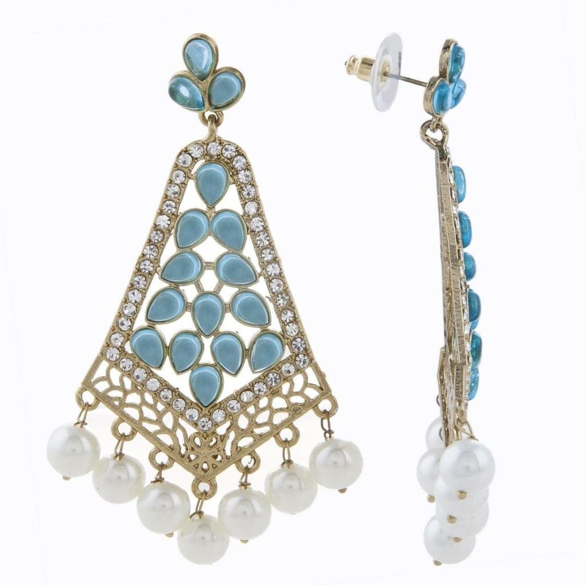 Gold Light Blue Stone Cz Filigree Long Chandelier Earring For Women