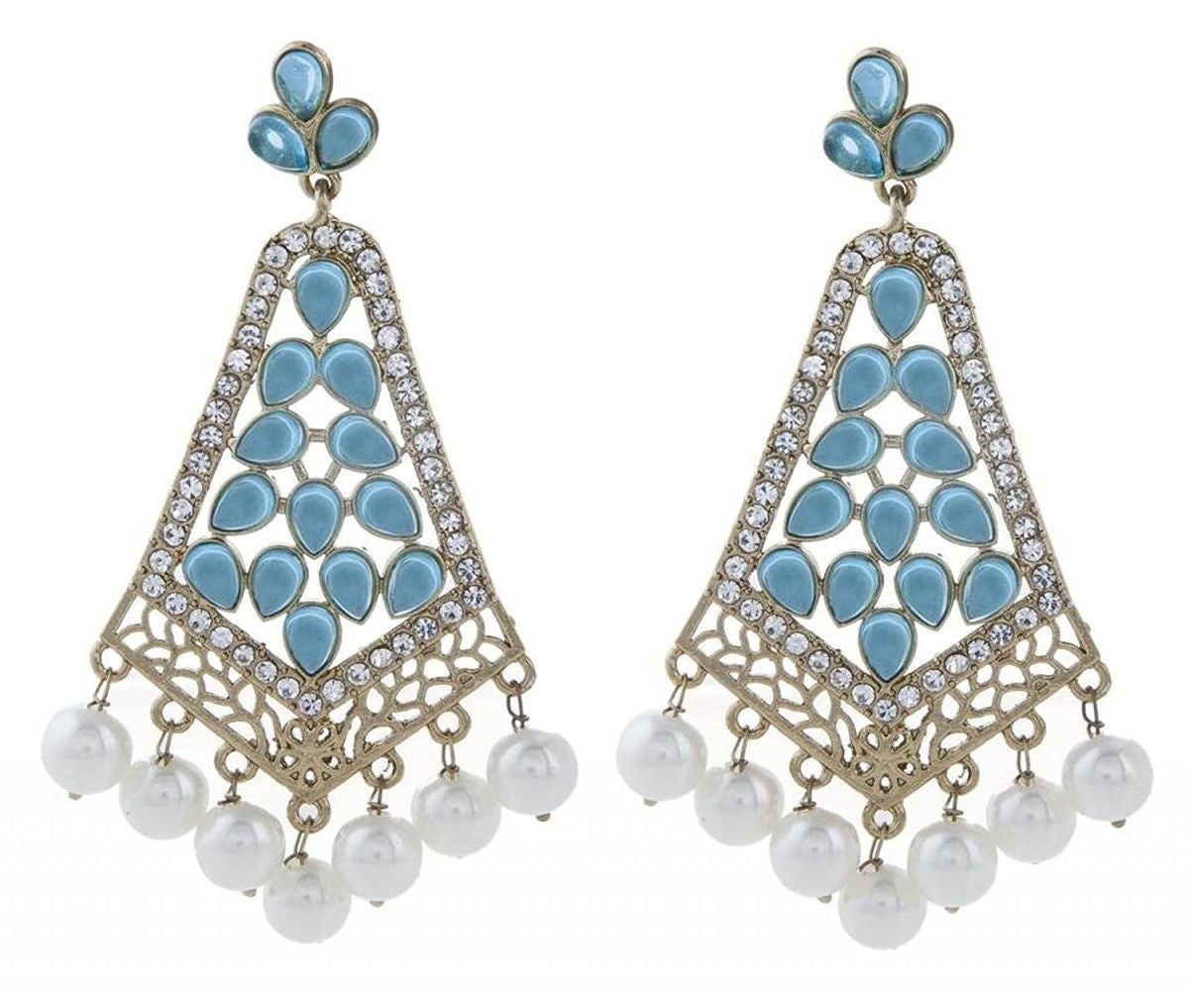 Gold Light Blue Stone Cz Filigree Long Chandelier Earring For Women