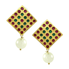 Square Pink Green Pearl Antique Gold Plated Earring For Women