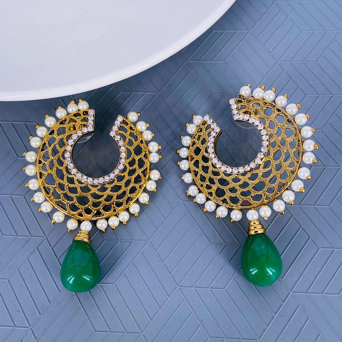 Filigree Chaand Gold Plated Green Drop Earring For Women