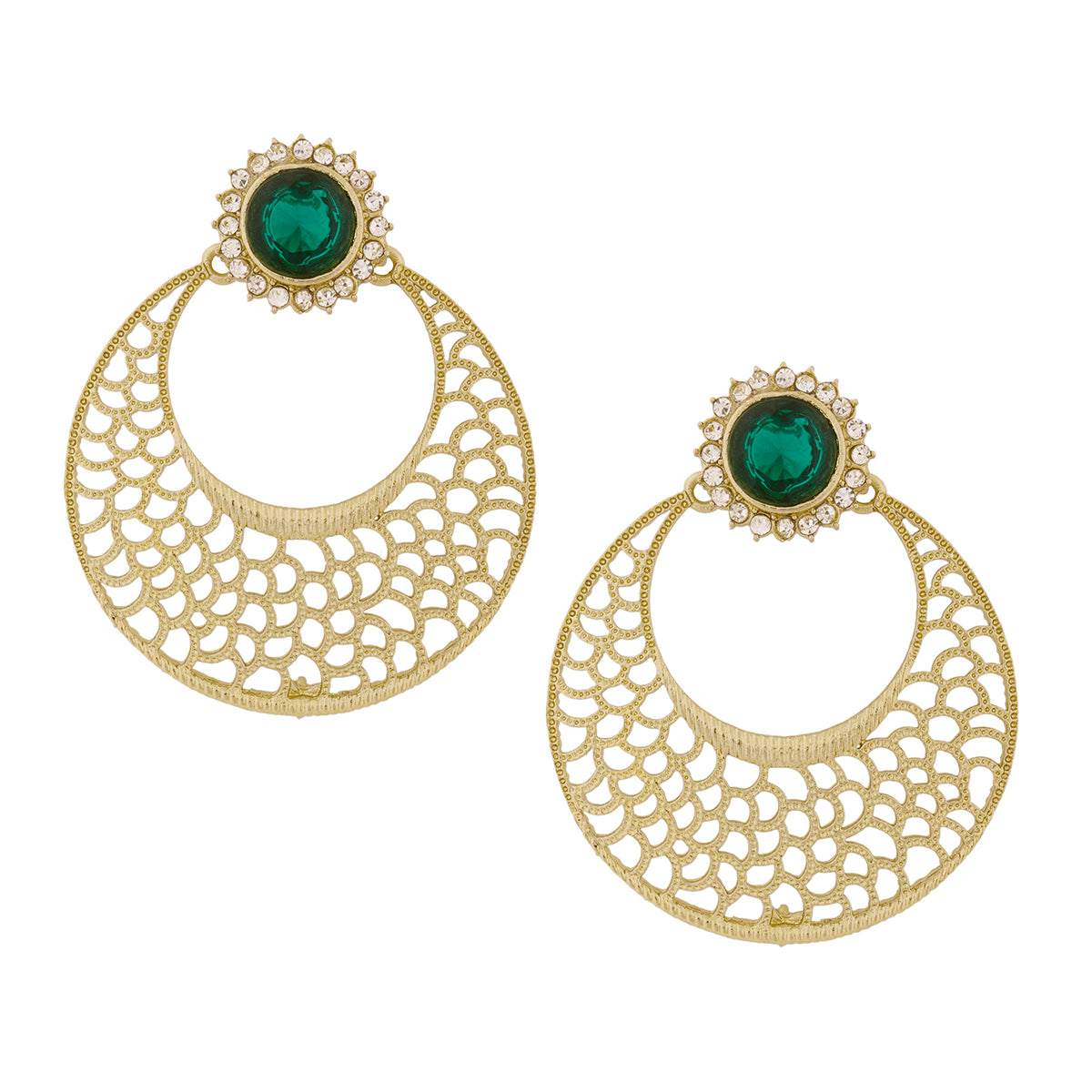 Chaand Bali Filigree Antique Rhodium Plated Green Earring For Women