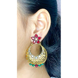 Flower Chaand Bali Red Green American Diamond Cz Gold Earring