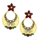 Flower Chaand Bali Red Green American Diamond Cz Gold Earring