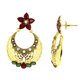 Flower Chaand Bali Red Green American Diamond Cz Gold Earring