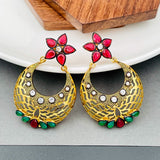 Flower Chaand Bali Red Green American Diamond Cz Gold Earring