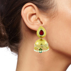 Traditional Matte Gold Plated Red Green Pearl Jhumki Earring For Women