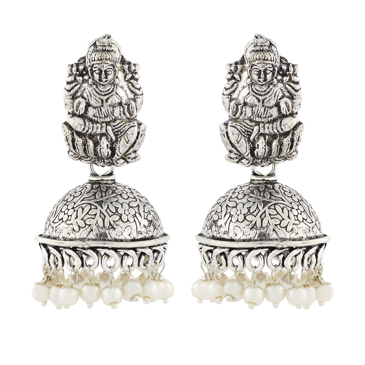 Temple Lakshmi Oxidized German Silver Pearl Floral Jhumki Earring