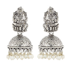 Temple Lakshmi Oxidized German Silver Pearl Floral Jhumki Earring