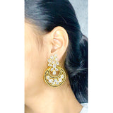 Designer Flower Kundan Champagne 18K Gold Chandbali Earring For Women