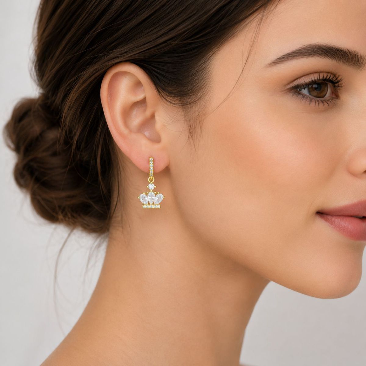 Crown Gold Brass American Diamond Hoop Drop Earring For Women
