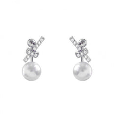 Ribbon Silver Pearl Cubic Zirconia Stud Earring for Women