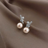 Ribbon Silver Pearl Cubic Zirconia Stud Earring for Women