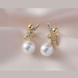 Ribbon Silver Pearl Cubic Zirconia Stud Earring for Women