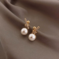 Ribbon Silver Pearl Cubic Zirconia Stud Earring for Women