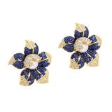 Flower Blue Cubic Zirconia Pearl 18K Gold Stud Earring for Women