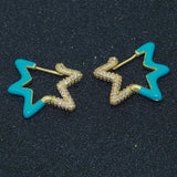 Light Blue Enamel Star Cubic Zirconia 18K Gold Hoop Earring for Women