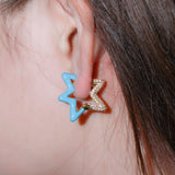 Light Blue Enamel Star Cubic Zirconia 18K Gold Hoop Earring for Women