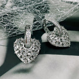 Love Heart Silver Baguette Cubic Zirconia Hoop Drop Earring Pair Women