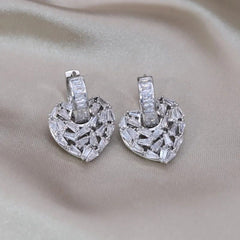 Love Heart Silver Baguette Cubic Zirconia Hoop Drop Earring Pair Women